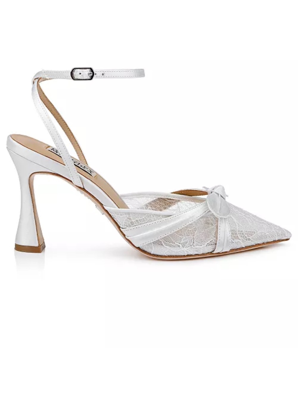 Badgley Mischka Josie White Lace Pointed-Toe Ankle-Strap Heels with Bow